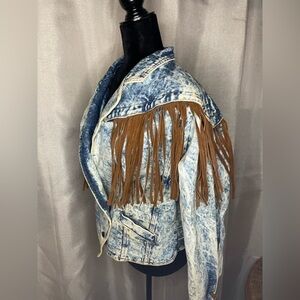 Vintage Winlit Acid Wash Denim Jacket Leather Fringe Large​​​​​​​​​​​